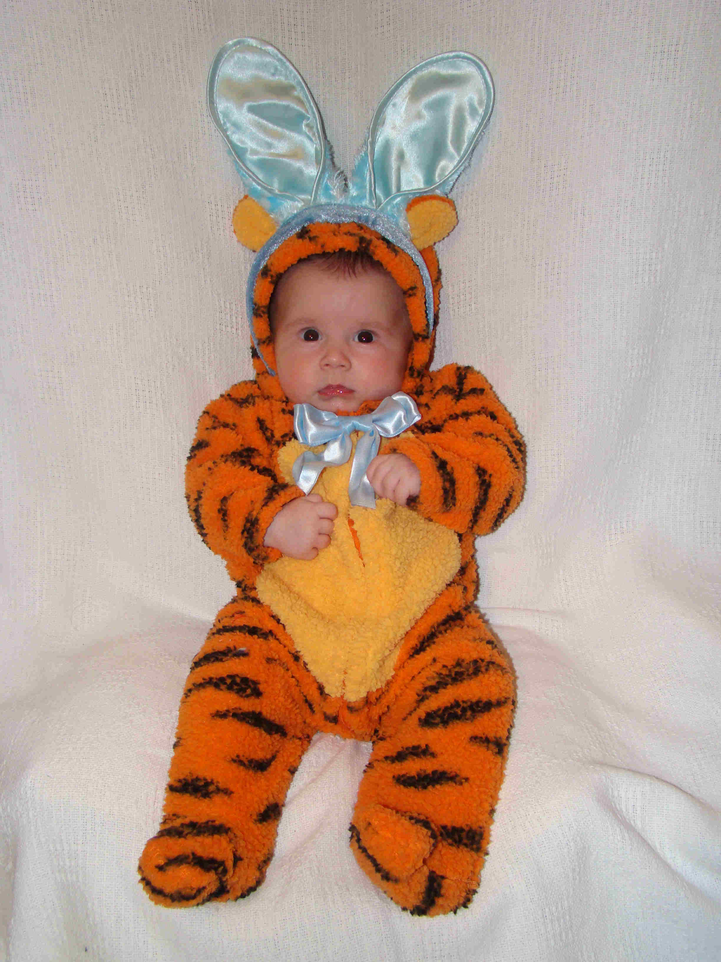 Alex in Tigger costume with bunny ears & blue bow